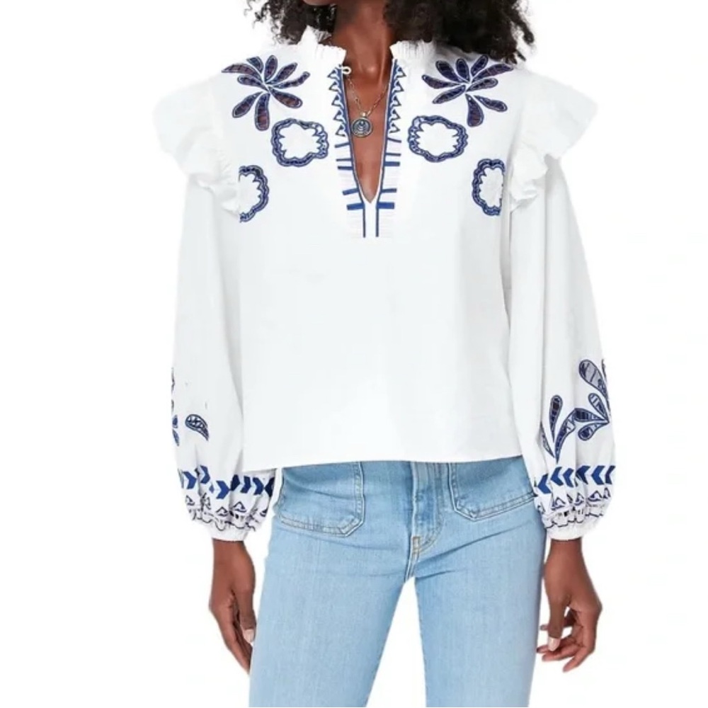 Chufy M White and Blue Embroidered Women's Top